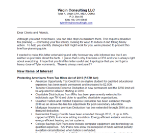 2016 Virgin Consulting LLC Client Tax Letter & Checklist